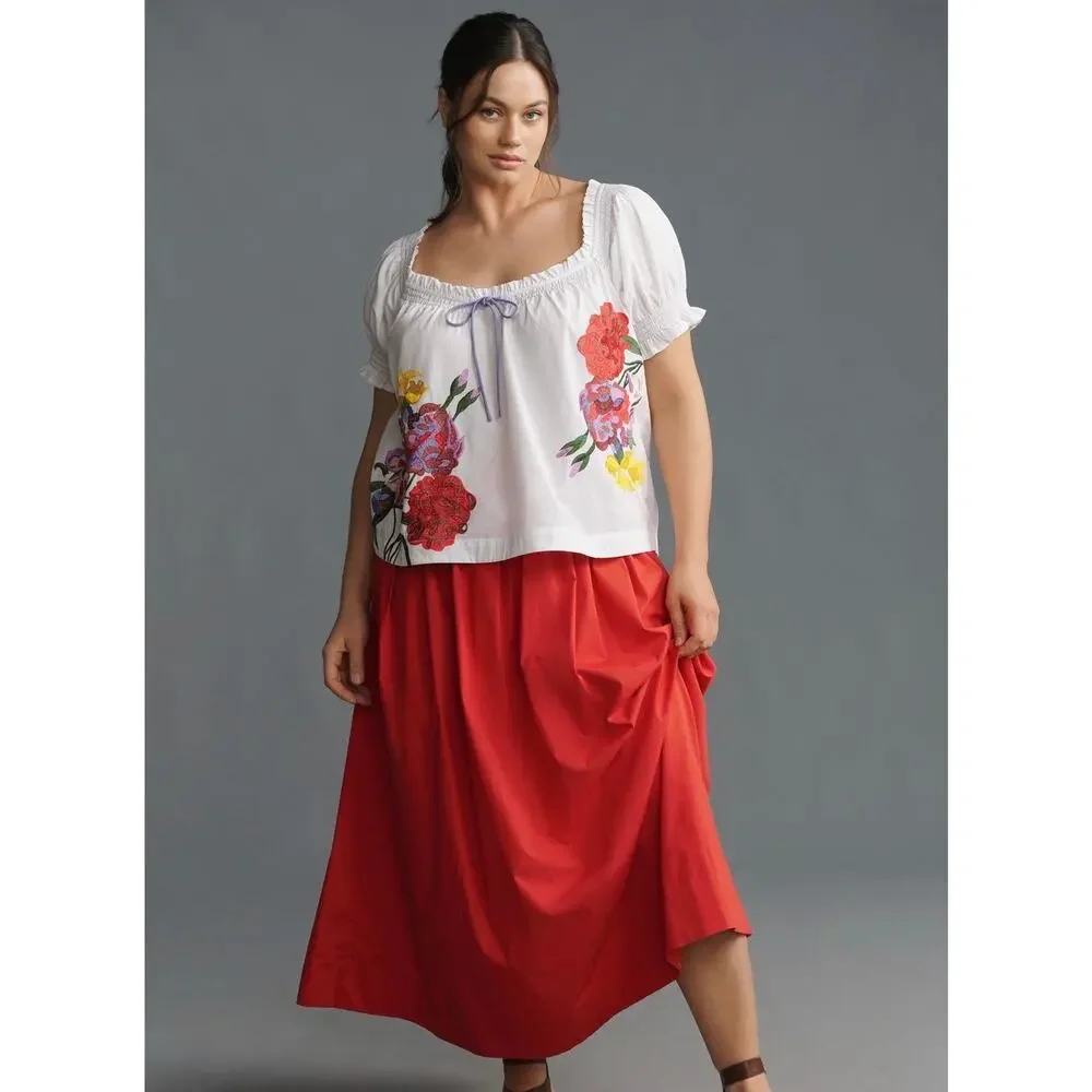 By Anthropologie Puff-Sleeve Tie-Front Embroidered Blouse | Size M